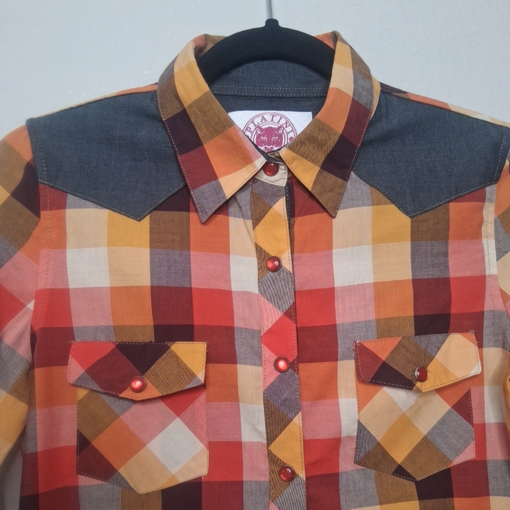 Platini Jeans Cougar Button Up Shirt Womens Multicolor Plaid Western Cowgirl M - Picture 2 of 15